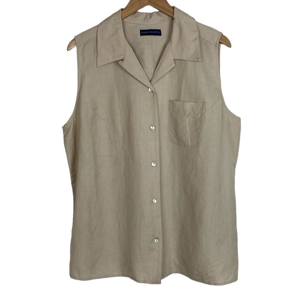 Karen Scott Sleeveless Button-Front Linen Blend Top in Beige